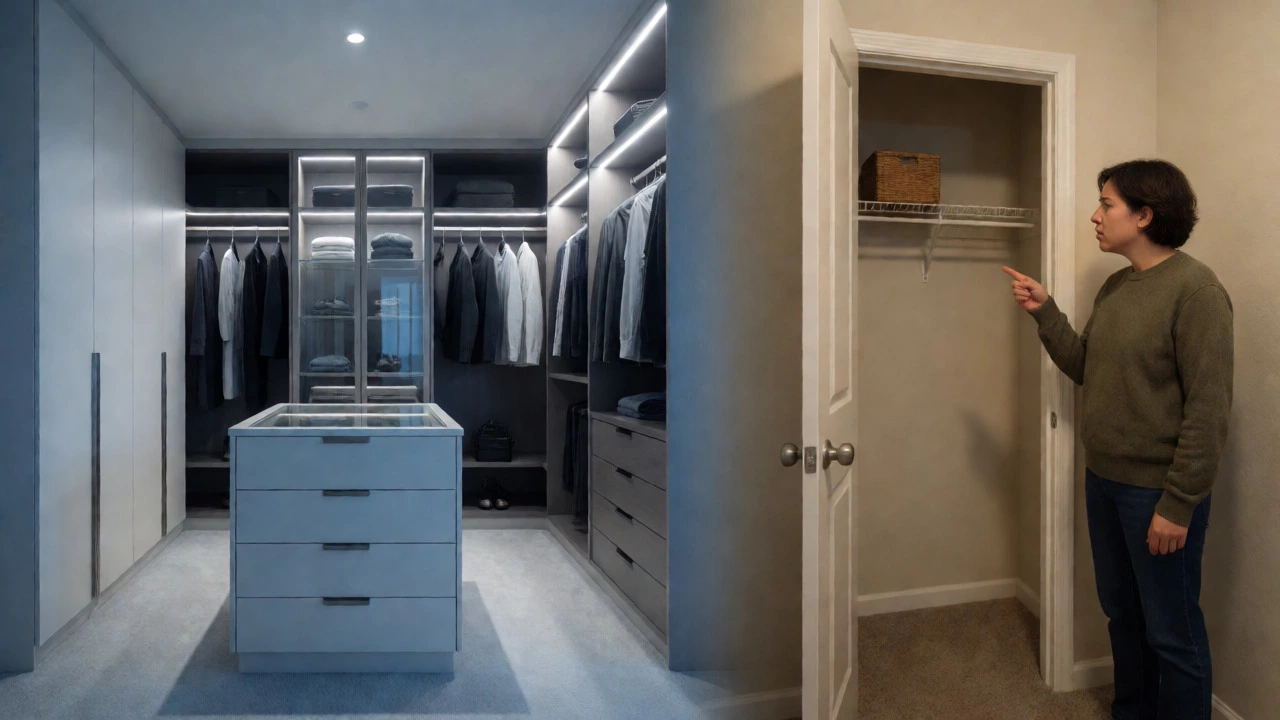 Comparison of luxury walk-in closet and basic reach-in closet