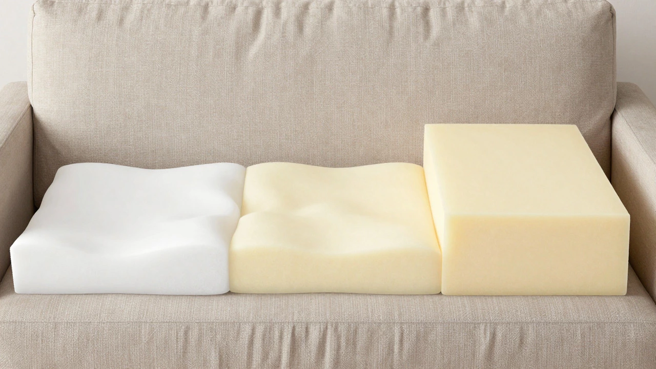 Cross-section diagram comparing compressed low-density vs firm high-density foam