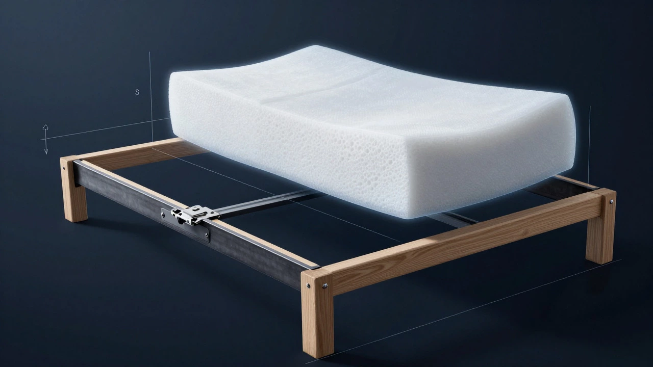 Cross-section illustration showing sofa bed hinges and foam thickness constraints