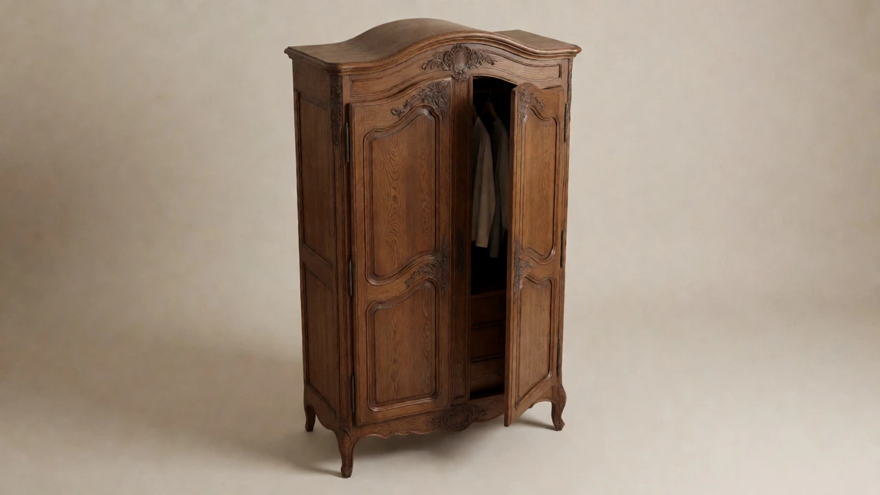 Freestanding wooden armoire with open doors
