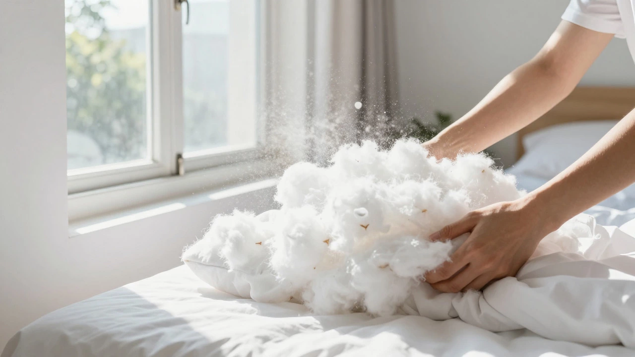 Hands shaking out a white futon mat in sunlight near an open window