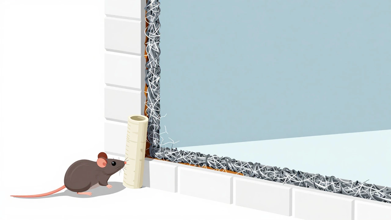 Illustration of steel wool sealing a wall gap to block mice entry