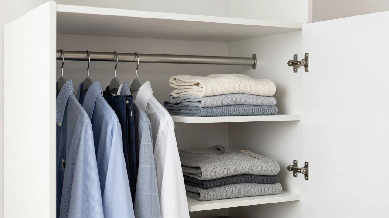 Open view of a simple wardrobe showing hanging rails and shelves