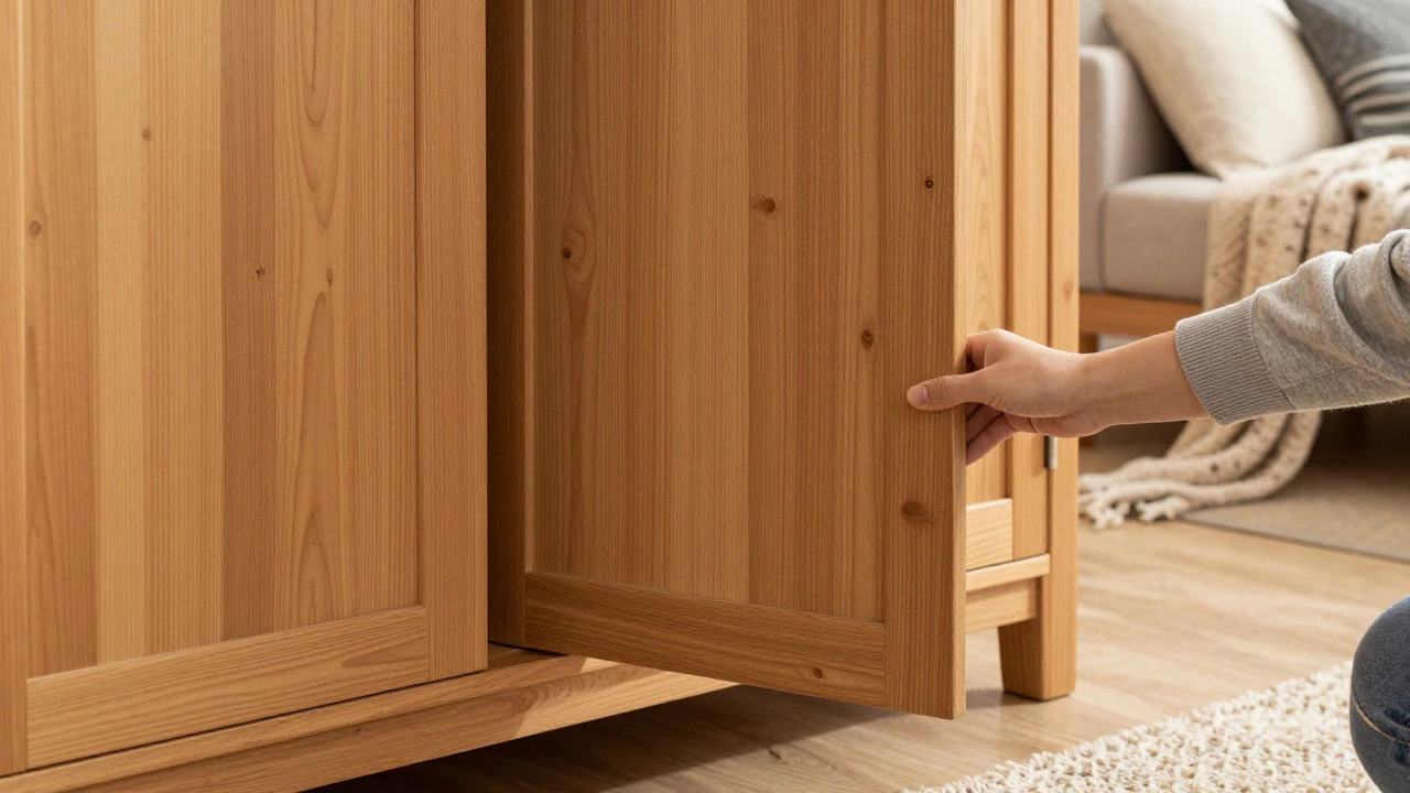 Person closing a rustic pine wardrobe in a cozy living space