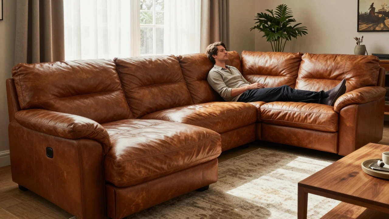 Person relaxing on a high-quality leather corner sofa