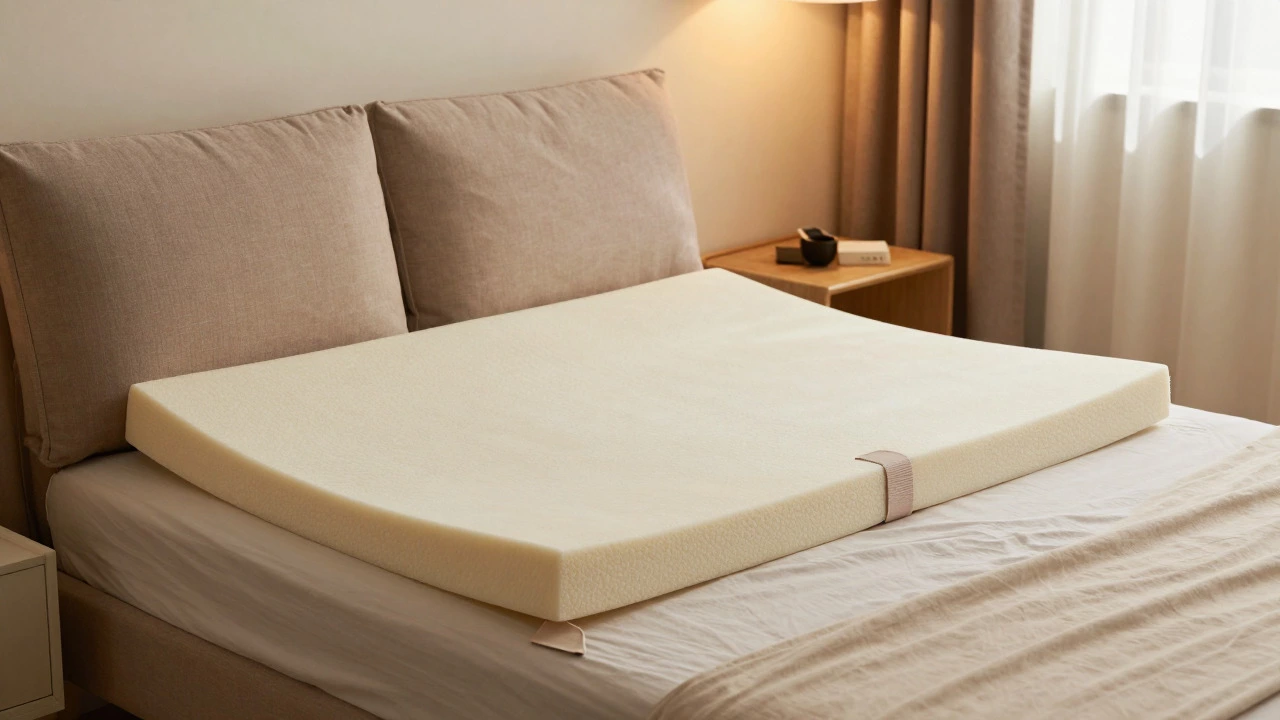 Person sleeping on a sofa bed fitted with a secured memory foam topper