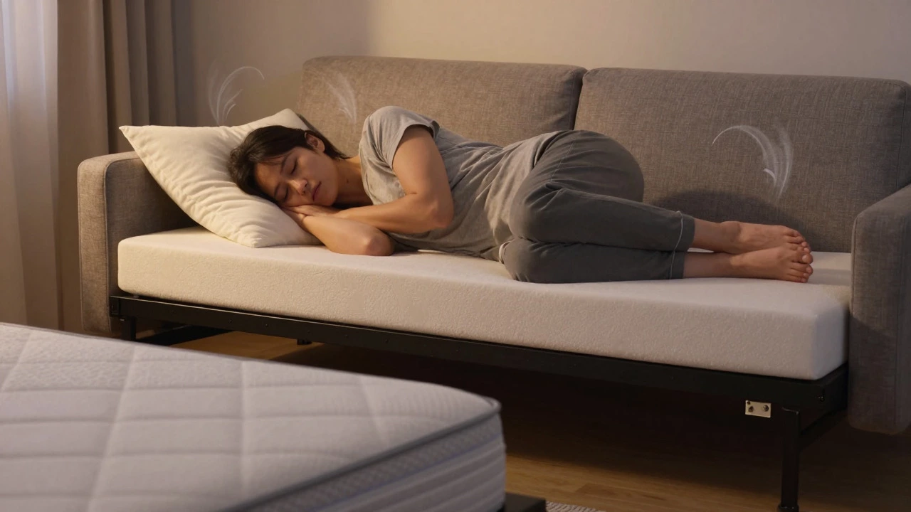 Person sleeping restlessly on a noisy, hot sofa bed, contrasting with a comfortable nearby mattress.
