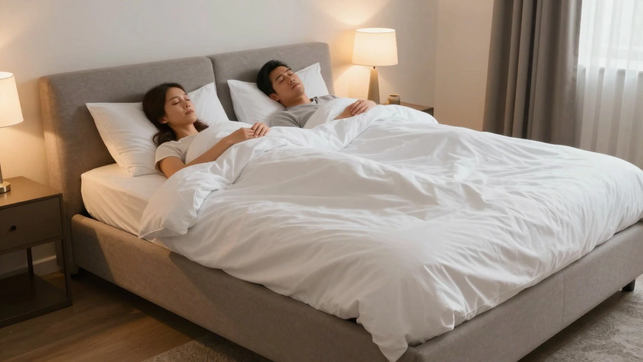 Queen sleeper sofa converted to a bed with two people sleeping comfortably