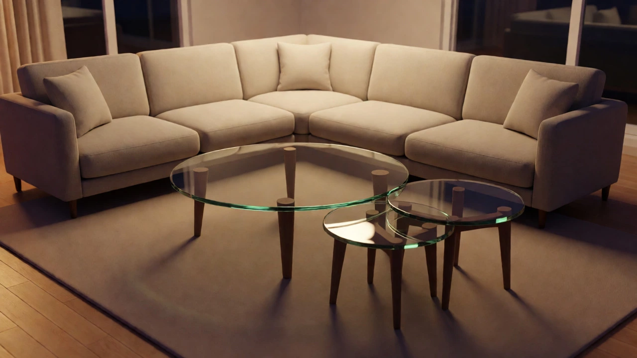 Round coffee table placed near an L-shaped sectional sofa on a large rug.