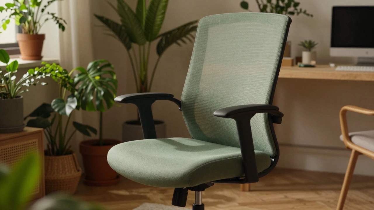 Sage green office chair surrounded by plants in a cozy workspace