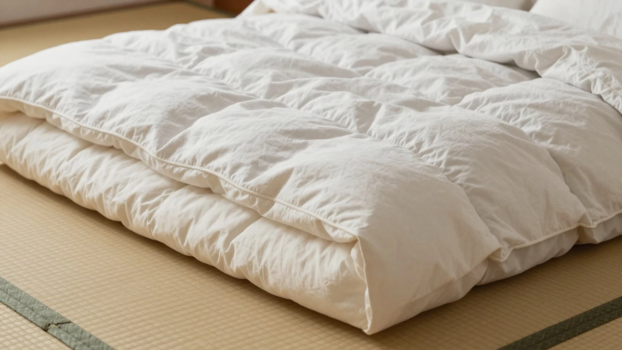 Separated layers of a kakebuton futon mat and top blanket displayed on tatami