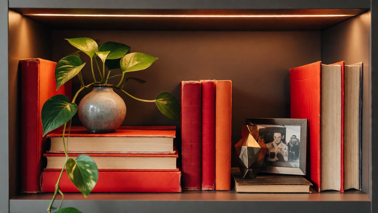 Bookshelf with mixed stacks, plants, and decor