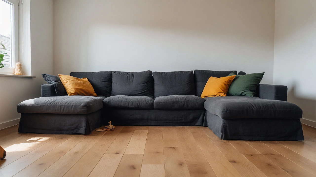 Charcoal grey sofa with colorful pillows in living room