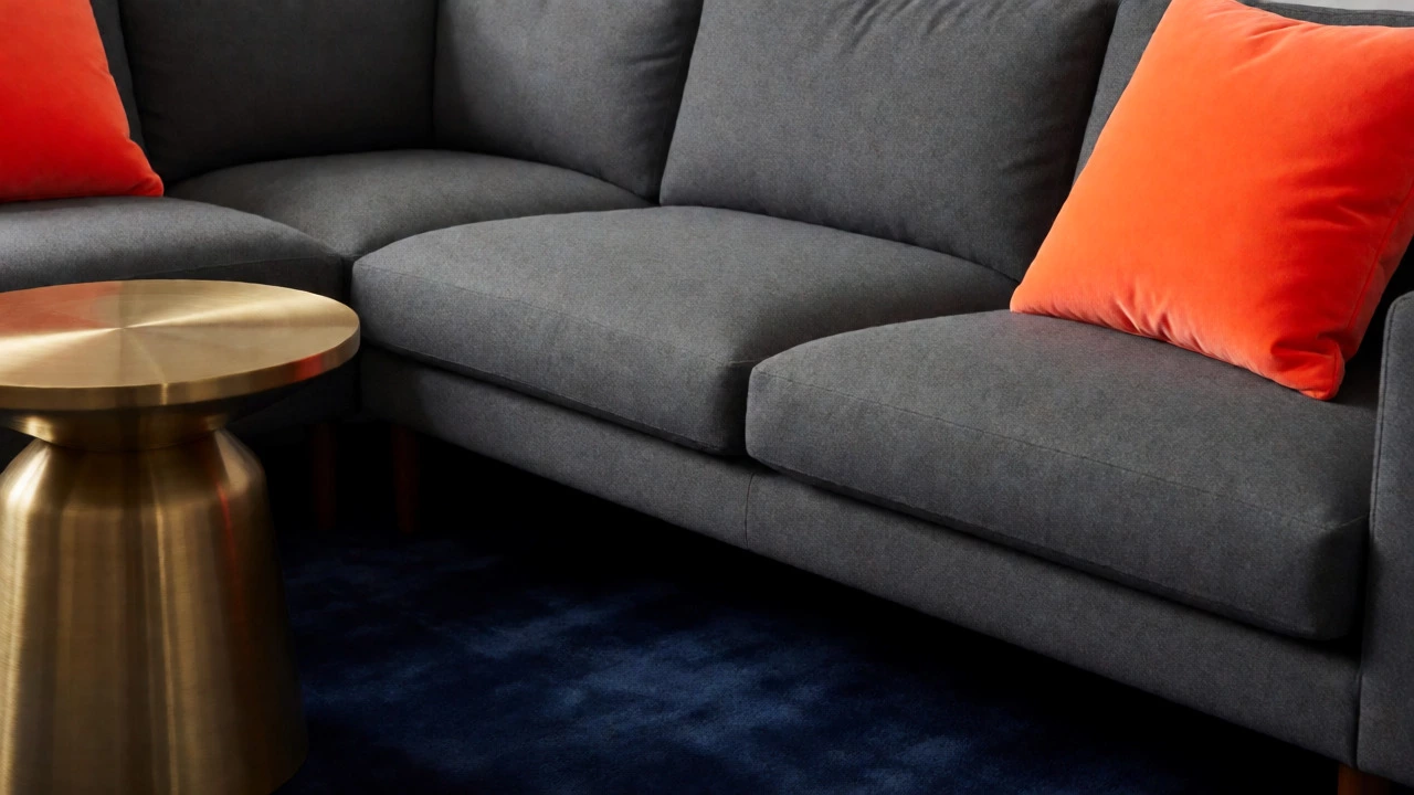 Charcoal sectional styled with orange cushions and brass accents