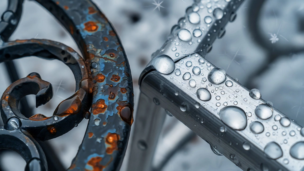Close-up comparison of rusty iron and clean aluminum furniture