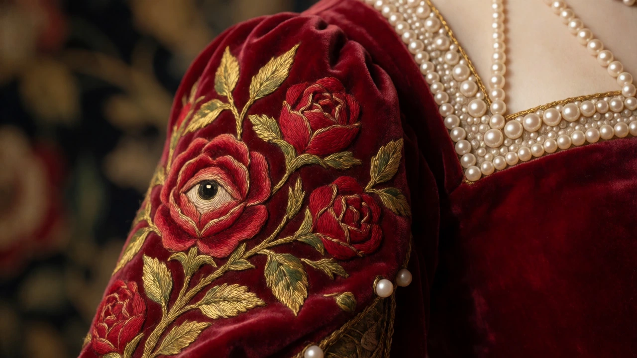 Close-up of Elizabethan velvet embroidered with roses, eyes, and pearls.