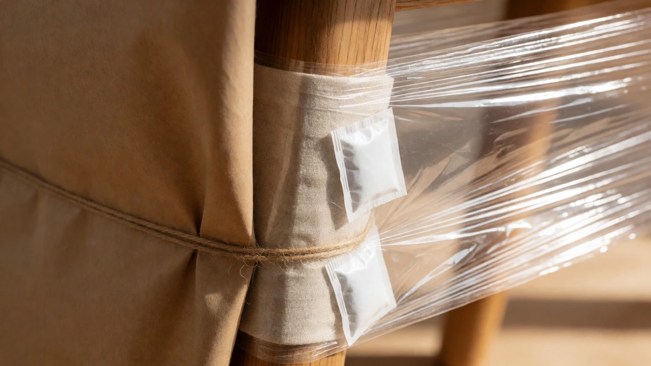Close-up of furniture leg wrapped in breathable paper then loose plastic with silica gel