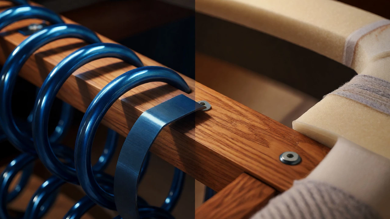 Close-up of steel spring system inside a recliner frame