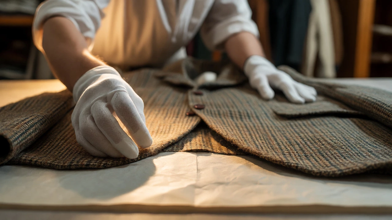 Conservator's gloved hands carefully preserving a vintage tweed jacket.