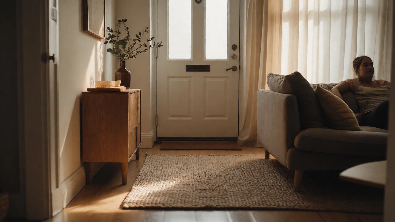 Console table acting as a buffer between sofa and door