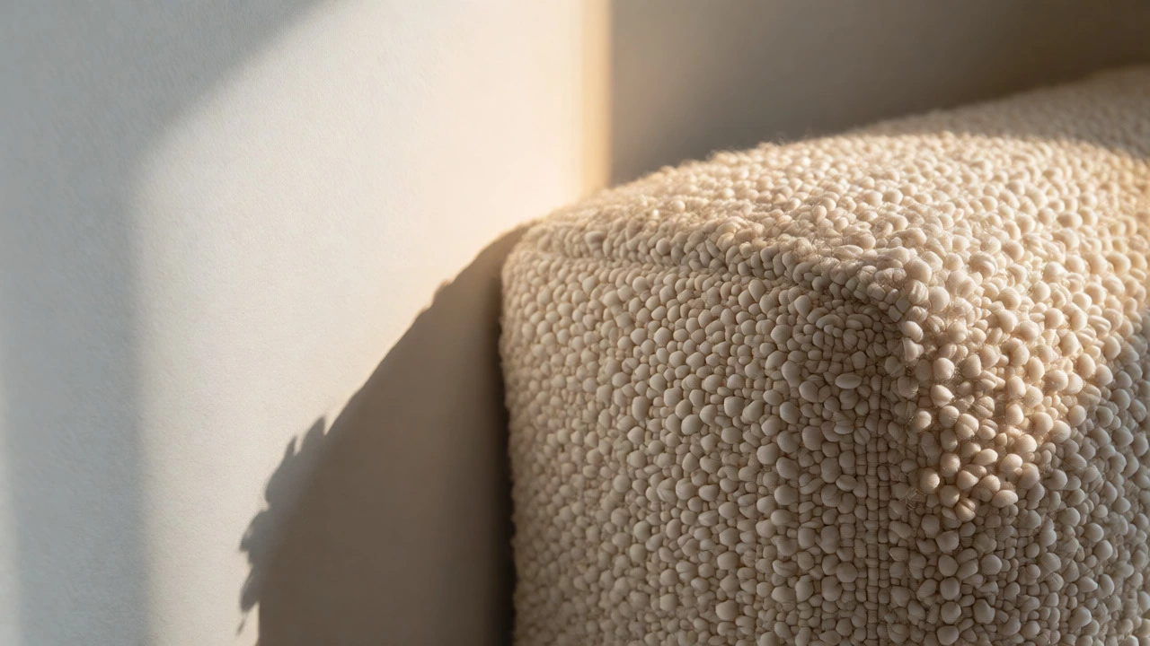 Cream bouclé sofa texture next to white wall