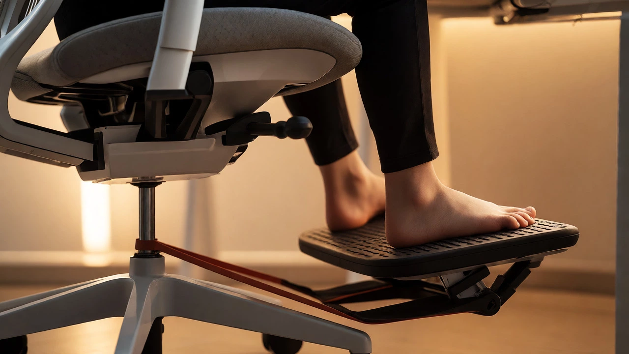 Feet using footrest and resistance band at ergonomic desk