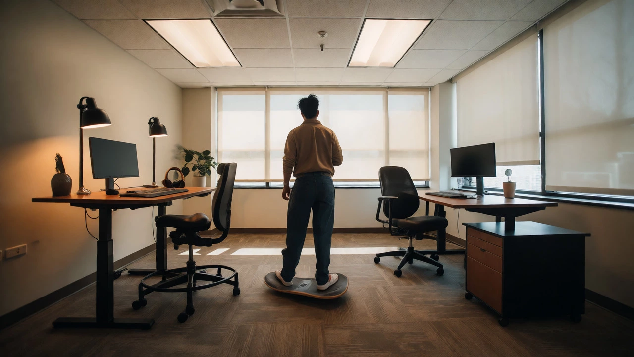 Flexible workspace with standing desk and balance board