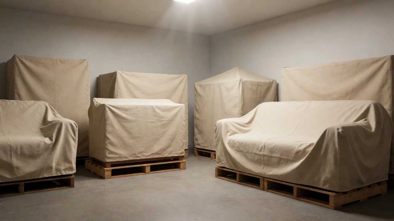 Furniture under breathable canvas covers on pallets in a clean storage unit