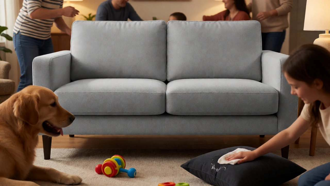 Grey couch in family home hiding pet hair and daily messes