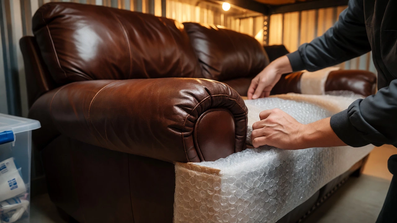 Hands wrapping a leather sofa's legs with bubble wrap for protection.