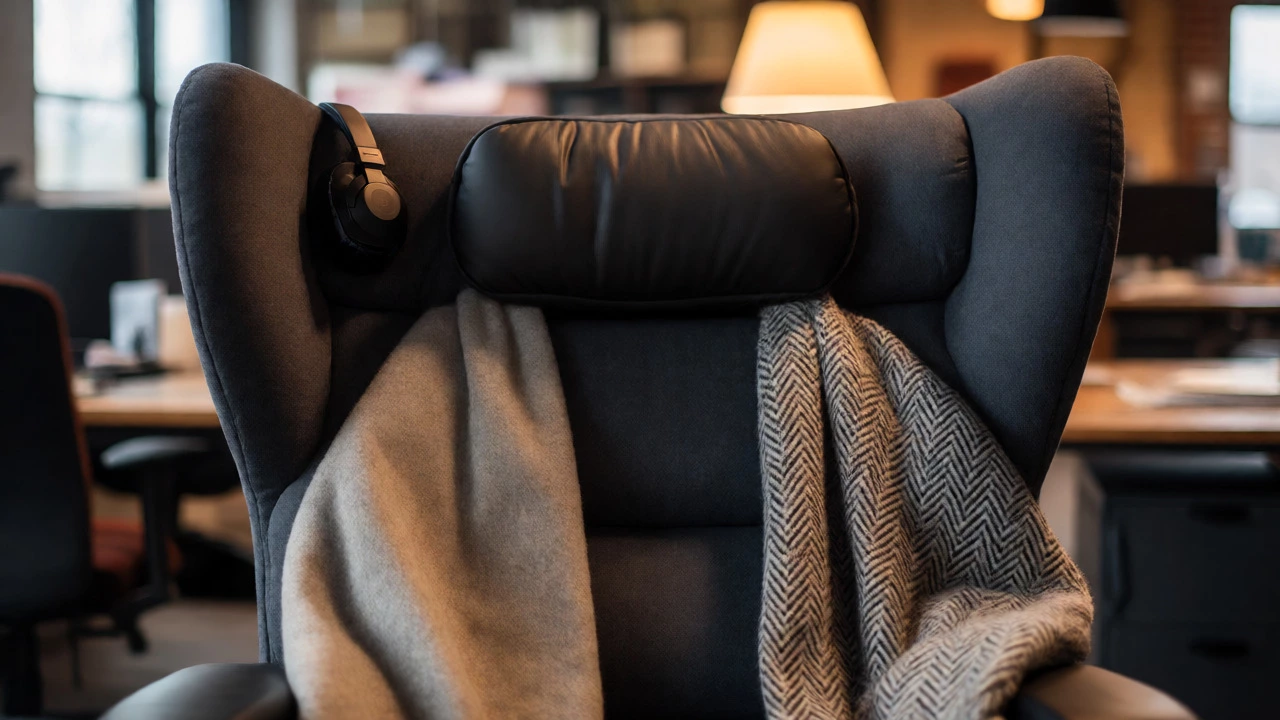 High-back chair with blanket and headphones creating a sensory cocoon