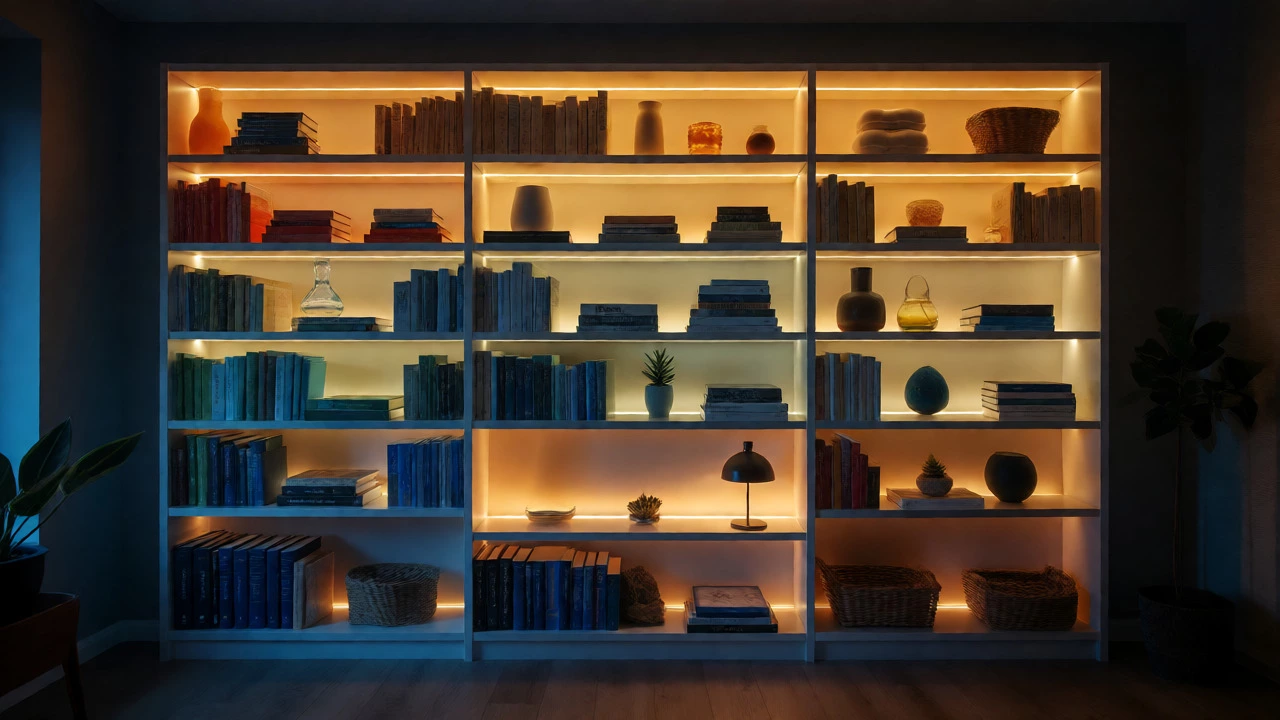 Illuminated color-coordinated bookcase at night