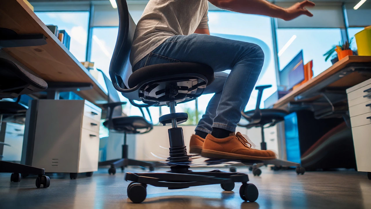 Person actively moving on a saddle chair in a bright office setting