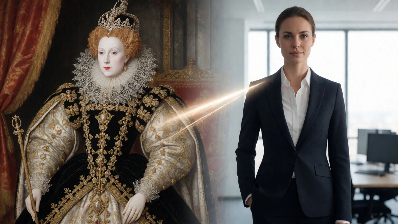 Split image comparing Queen Elizabeth I's regal attire to a modern business suit.