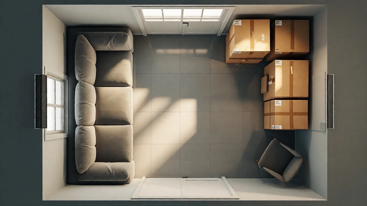 Top-down view of a storage unit with a sofa and boxes arranged efficiently.