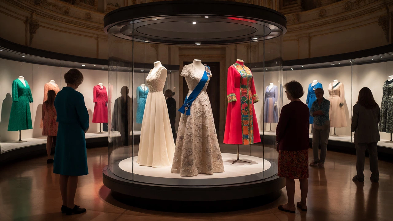 Visitors viewing Queen Elizabeth's colorful dresses in a museum exhibit.