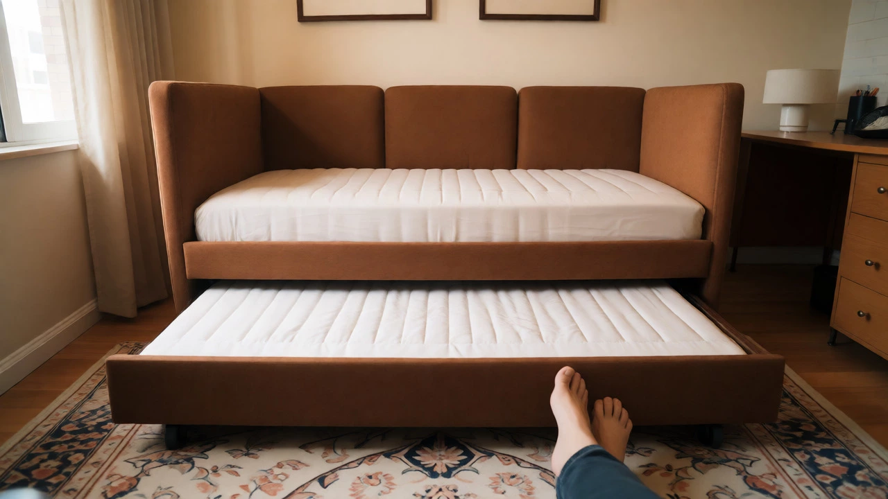 A daybed with a rolling trundle bed extended in a cozy, well-lit home office setting.