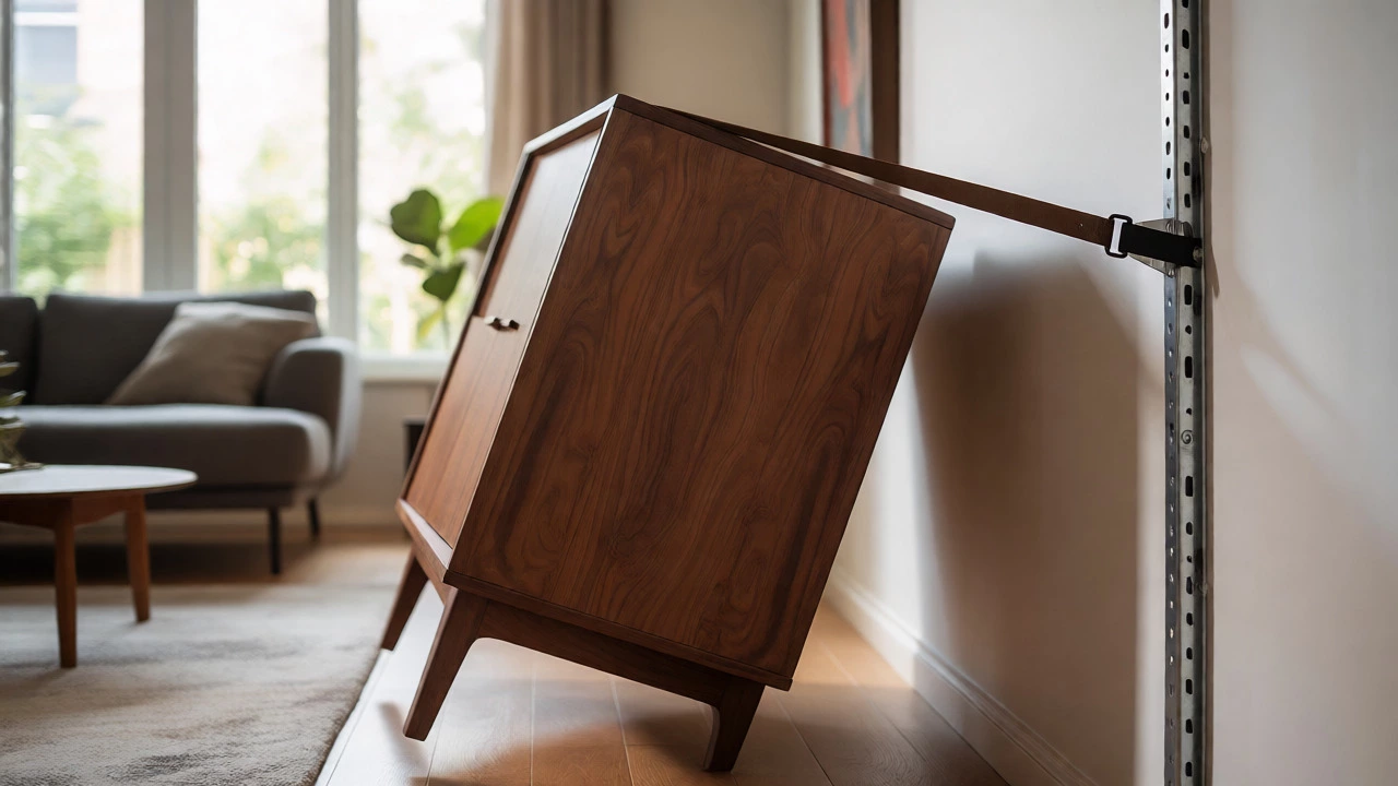 A nylon strap holds a tilting mahogany cabinet steady, preventing a tip-over accident.