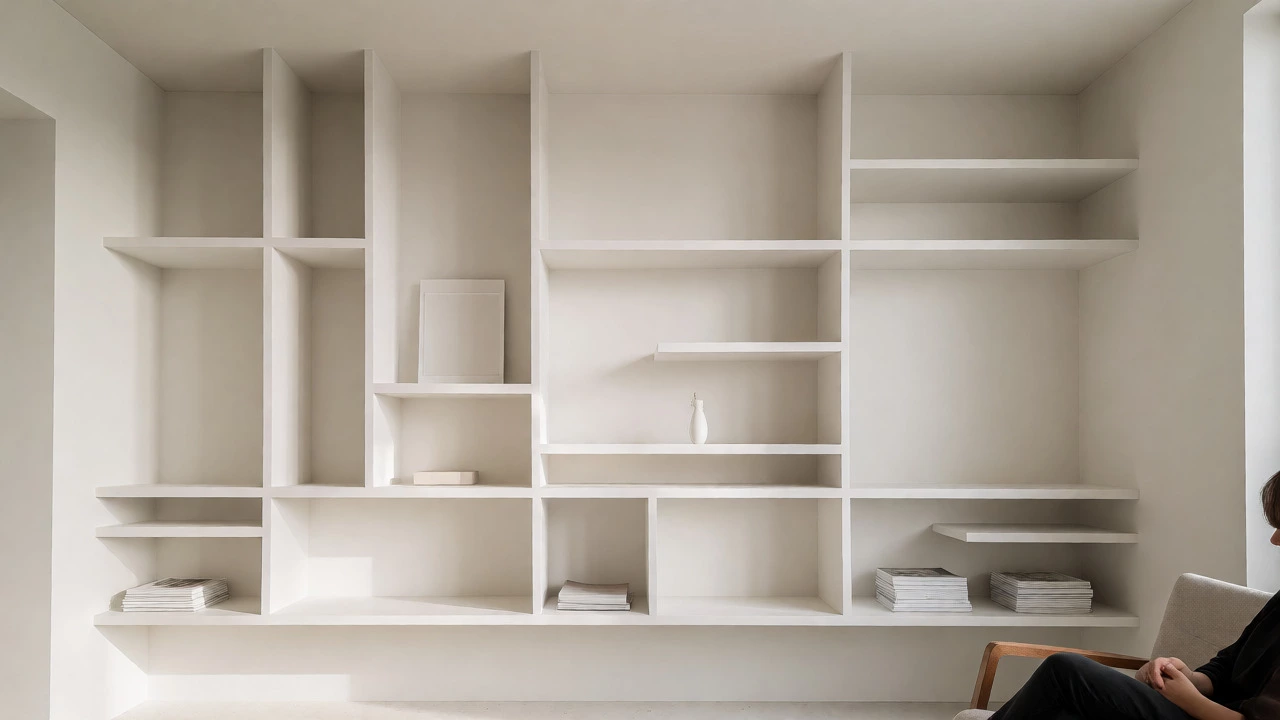 Asymmetrical built-in shelves blending into the wall in a bright, minimalist reading nook.