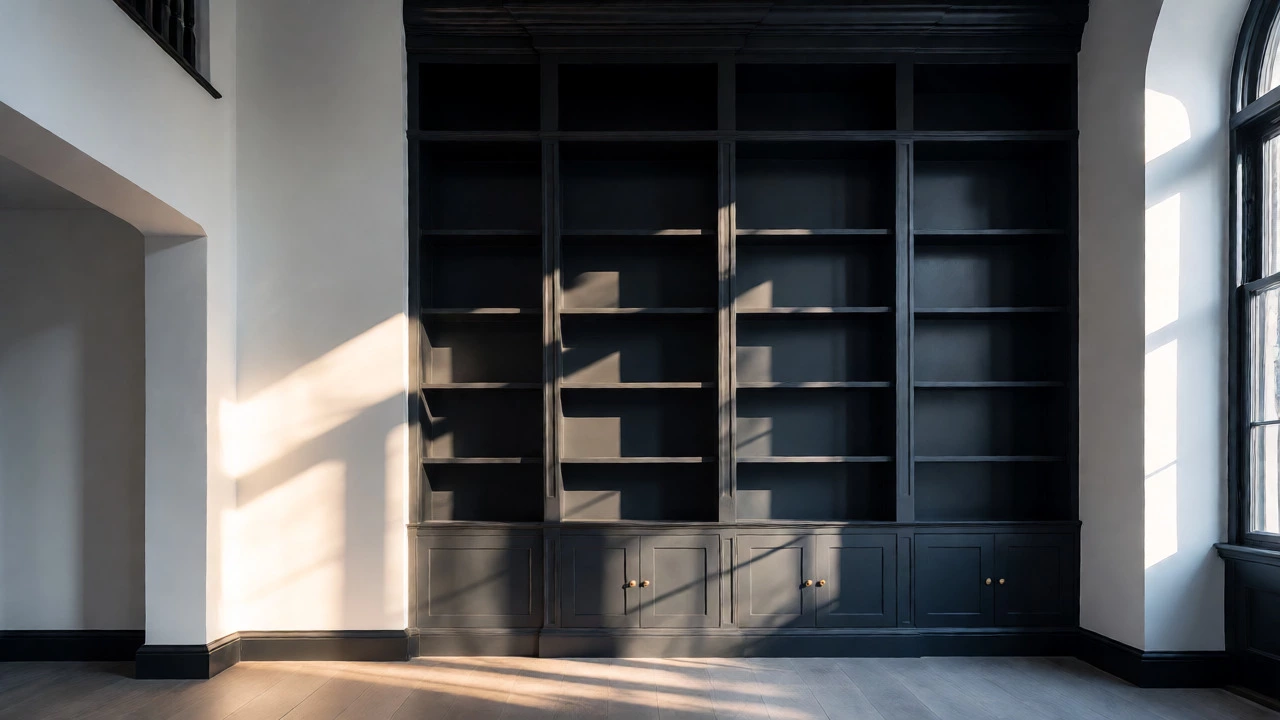Bold dark blue bookcases contrasting against white walls in a high-ceilinged open plan.