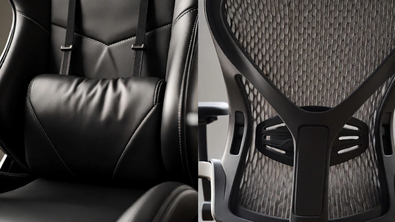 Close-up comparison of glossy gaming chair leather and breathable office chair mesh textures.