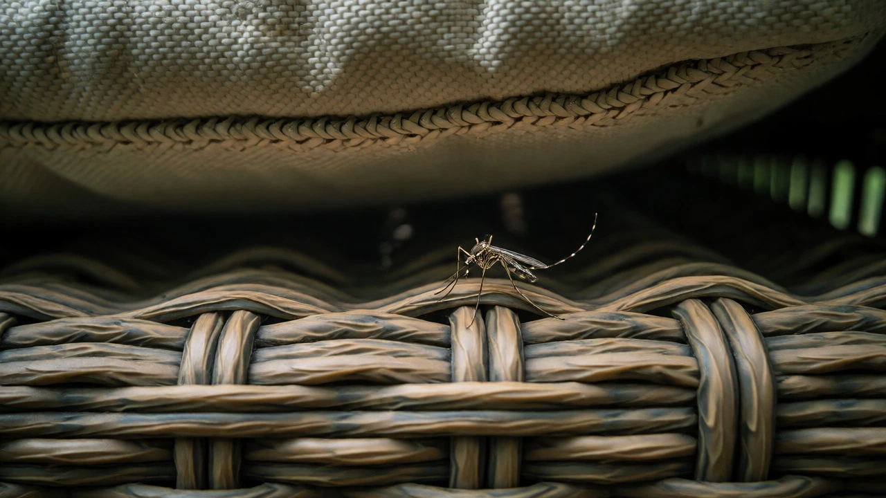 Close-up of a mosquito hiding in the weave of a wicker chair.