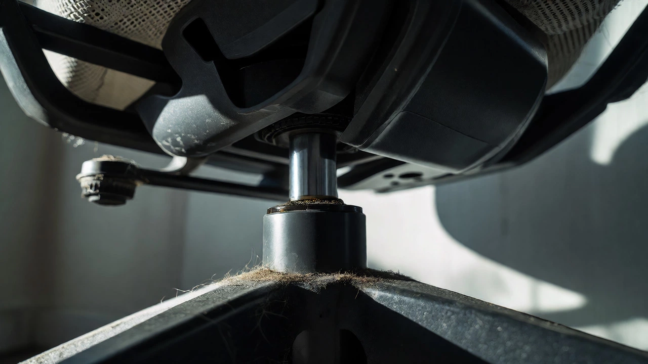 Close-up of an office chair base showing dust on casters and a leaking gas cylinder mechanism.