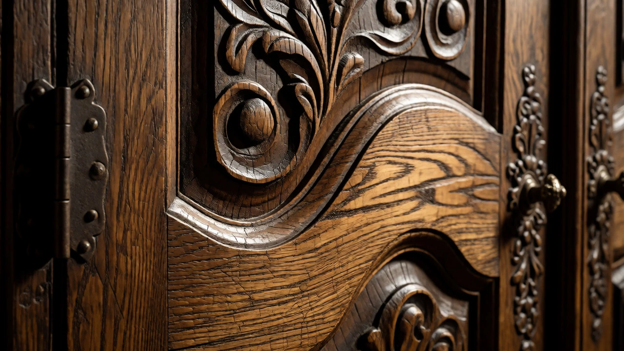 Close-up of hand-carved oak details and heavy iron hardware on an antique armoire door.