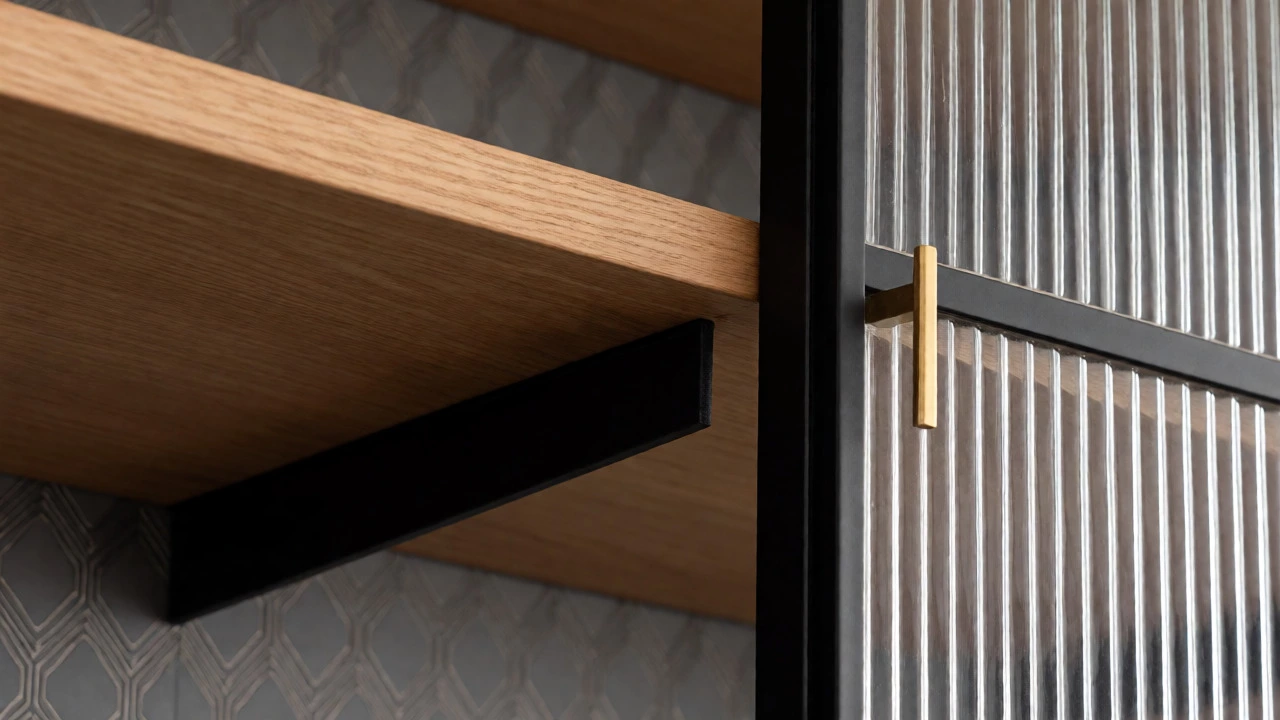 Close-up of mixed-material shelving with fluted glass and metal brackets against textured wallpaper.