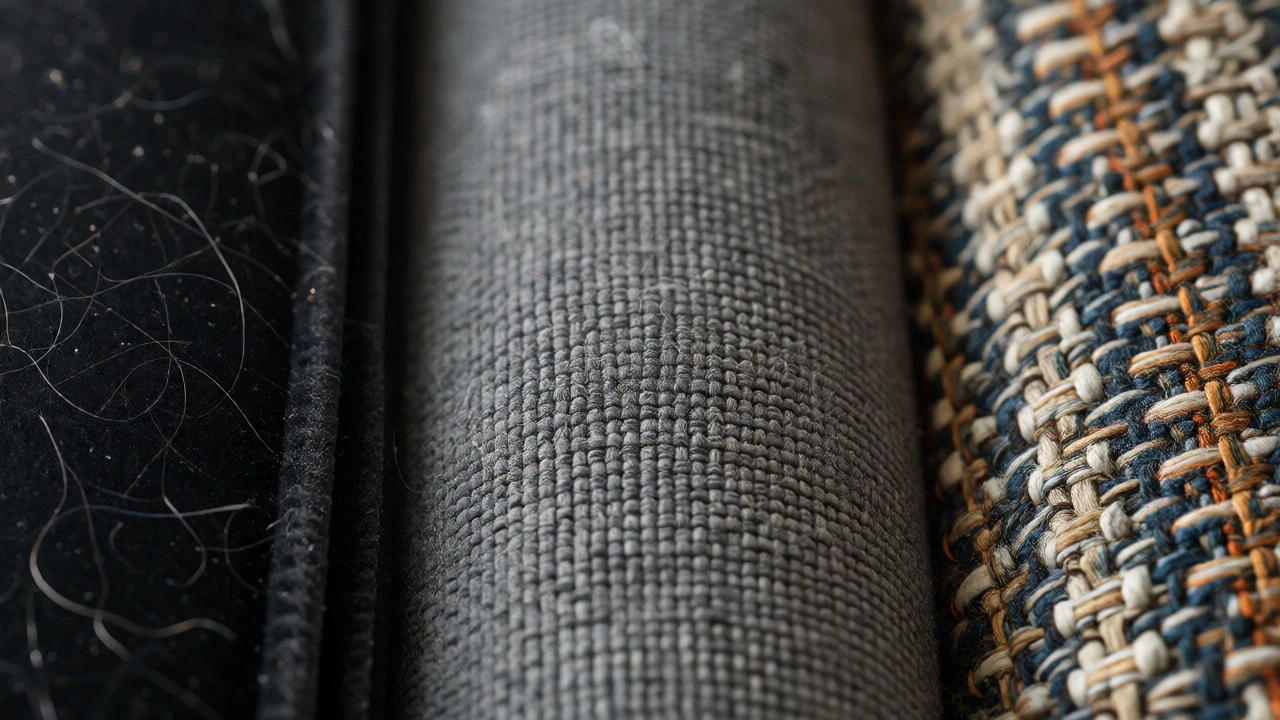 Comparison of black velvet, grey microfiber, and patterned tweed hiding dirt