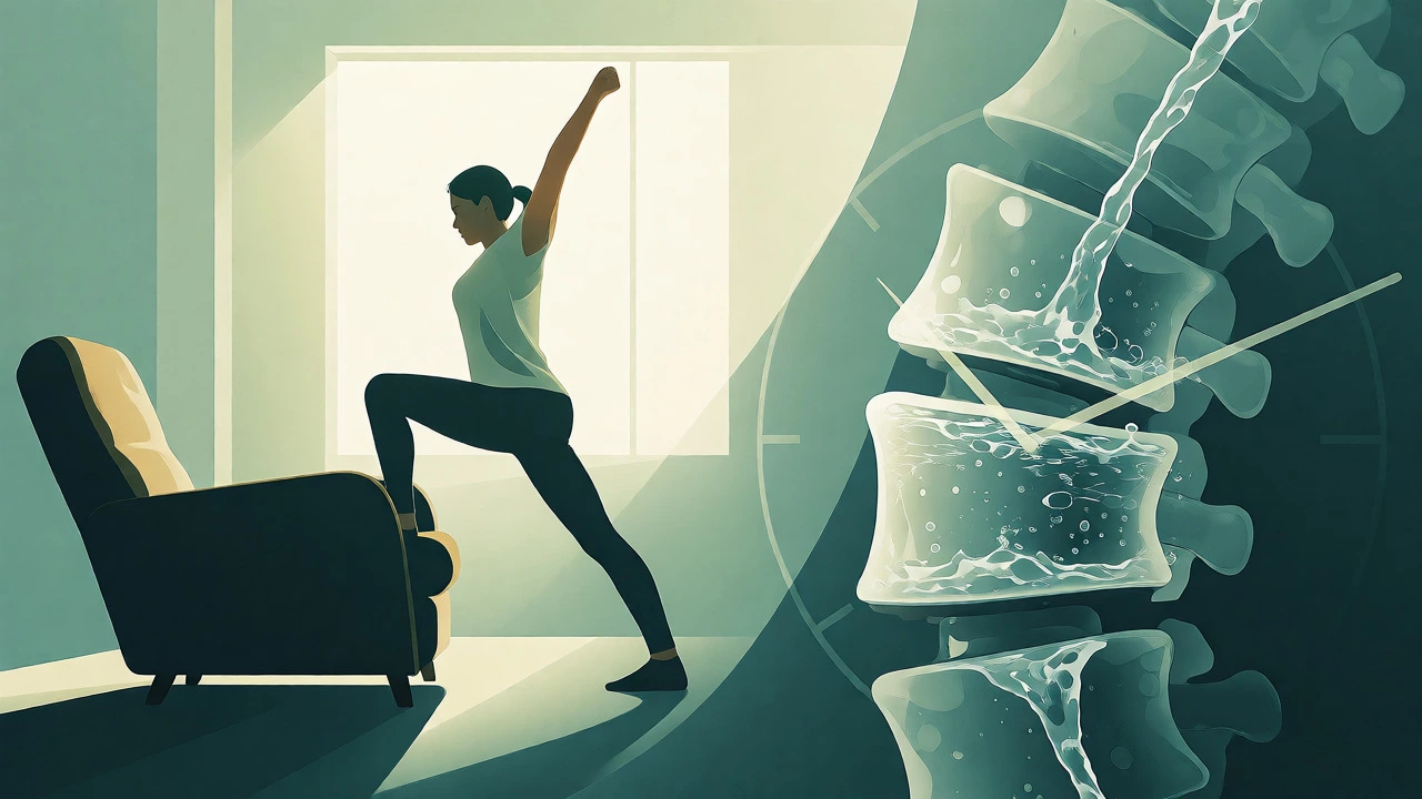 Conceptual art showing a person stretching next to an abstract representation of spinal health