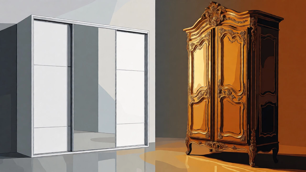 Conceptual comparison showing a minimalist built-in wardrobe versus a decorative freestanding armoire.