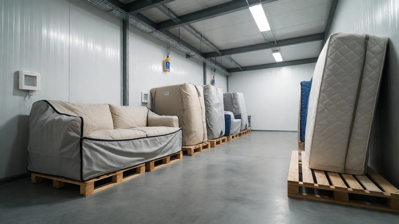 Furniture on pallets with moisture absorbers inside a clean climate-controlled storage unit