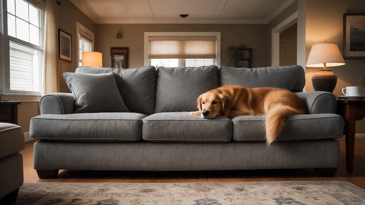 Golden retriever resting on a durable medium-grey microfiber sofa